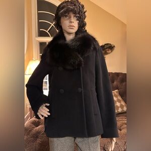 Cole Hann Collection Black Pea Coat with Fox Collar Sz 4